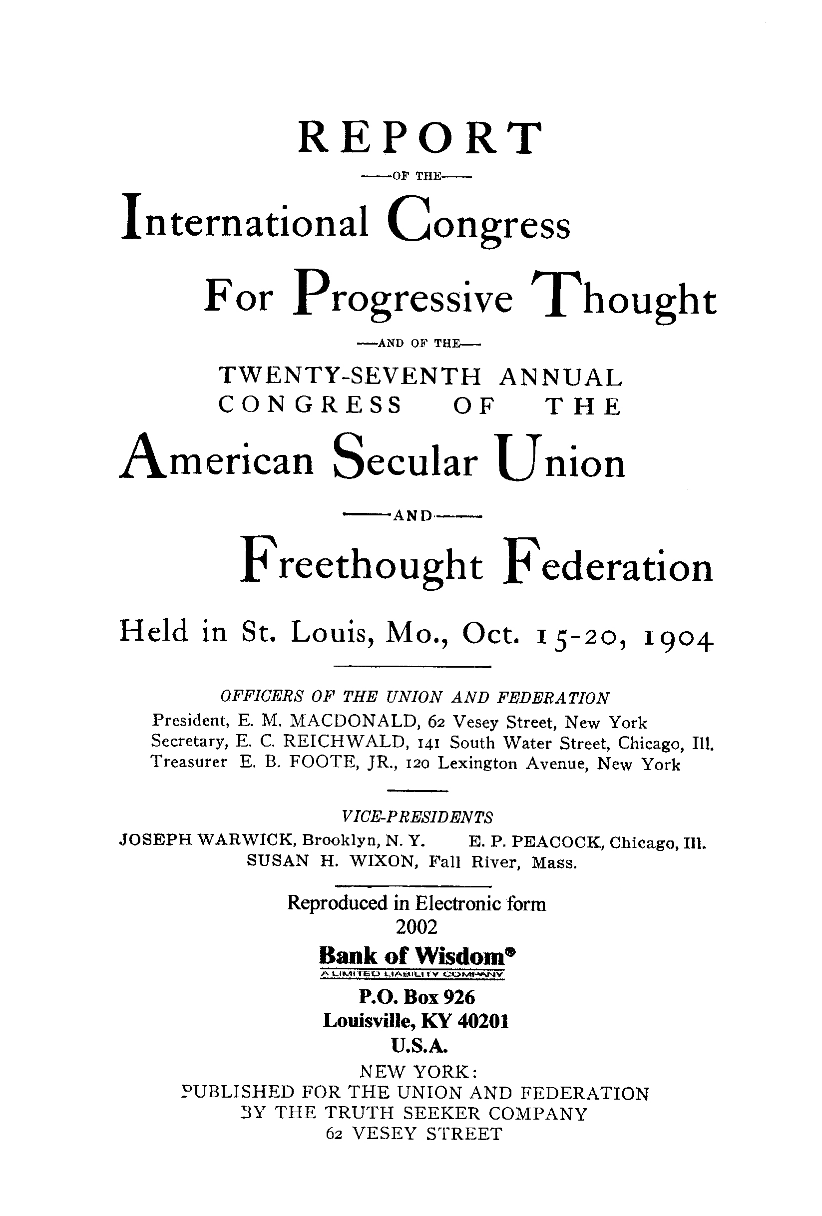 (image for) Report of the International Congress for Progressive Thought - Click Image to Close